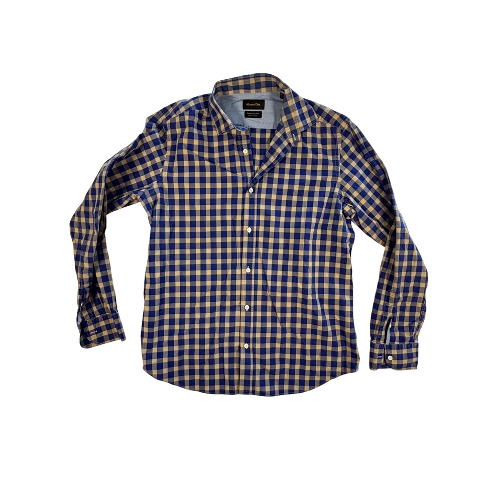 Massimo Dutti Blue Tan Gingham‎ Button Up Shirt Men's Size L Italian Fabric